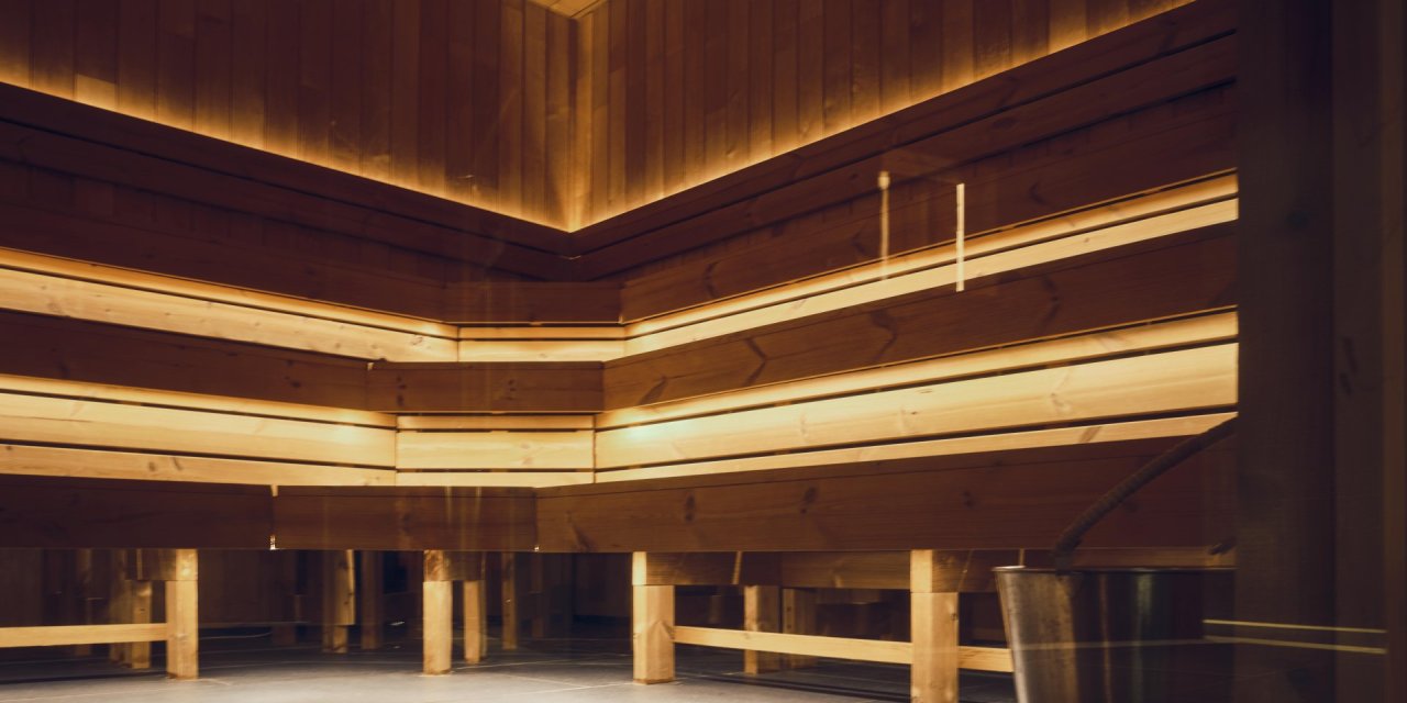 Empty wooden sauna with built in led lights